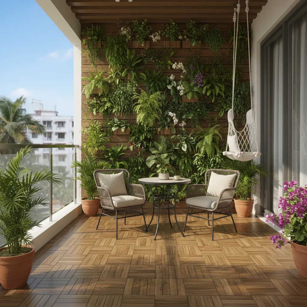 Small apartment balcony converted into mini garden seating area