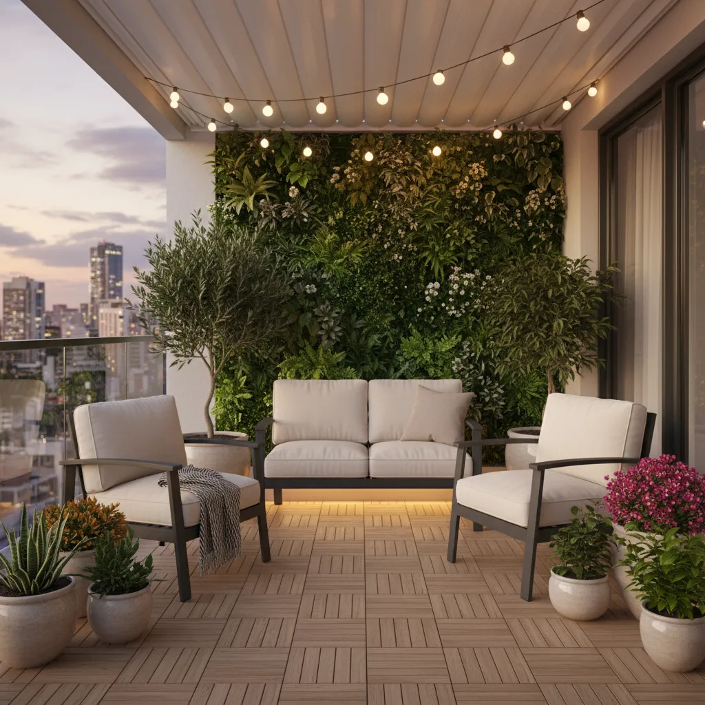 Stylish apartment balcony with plants and seating
