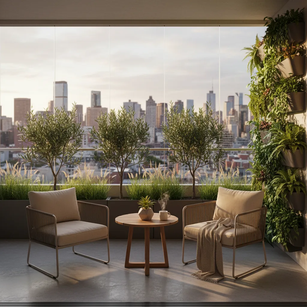 Small apartment balcony with seating and vertical plants