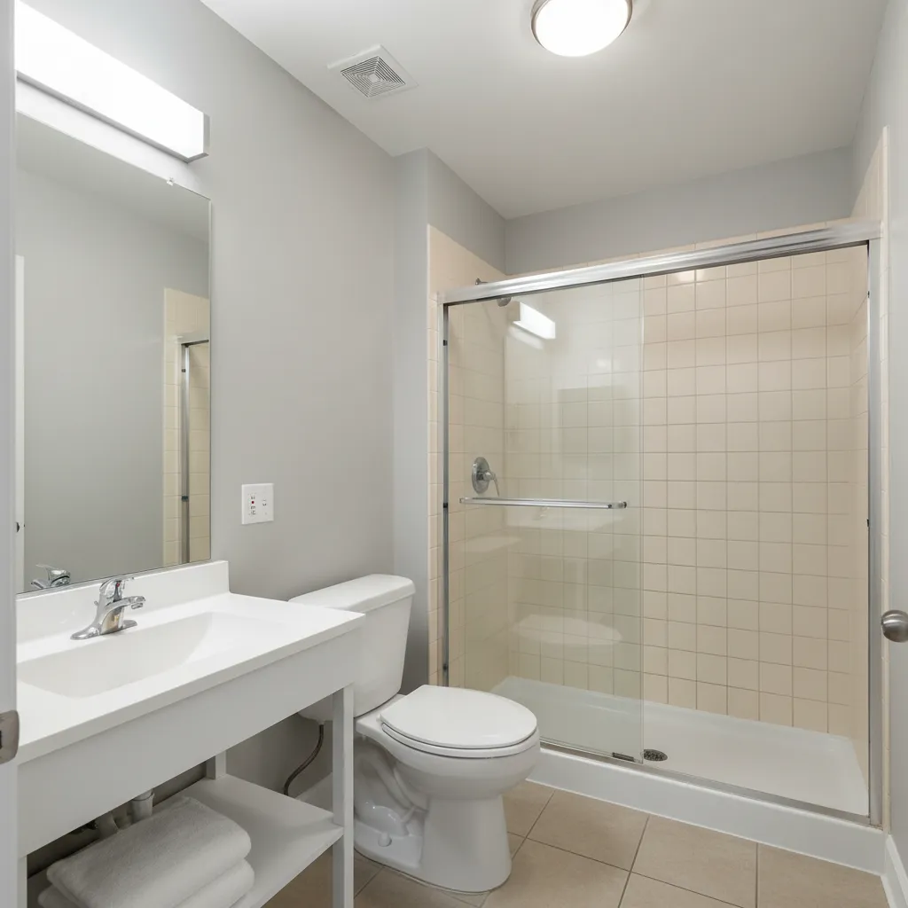 apartment bathroom with tiled shower walls and painted upper walls