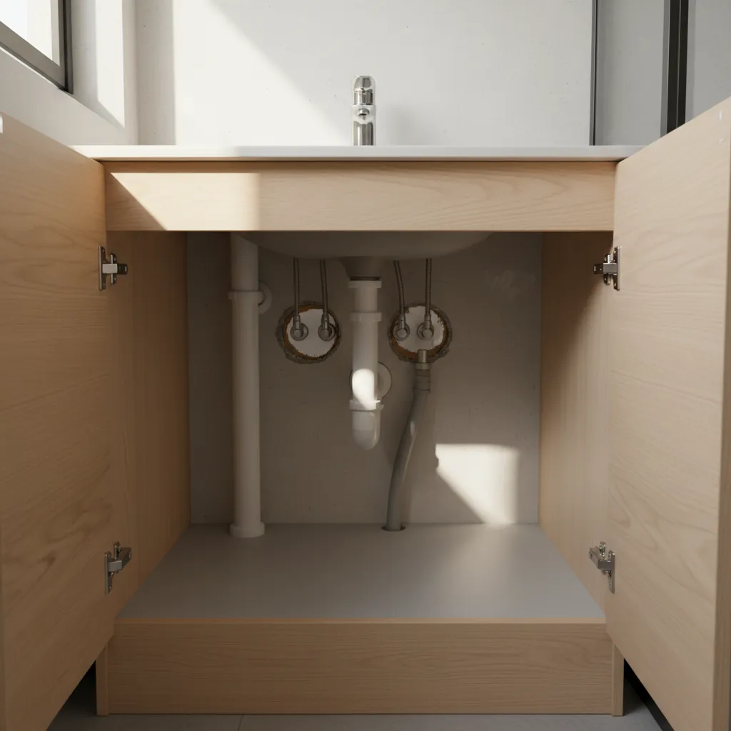 Apartment bathroom sink cabinet with visible plumbing gaps that allow pests to enter
