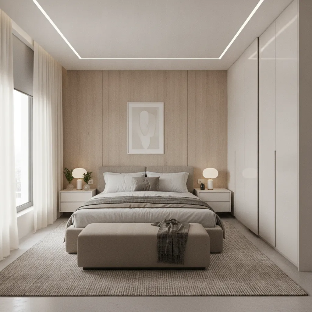 Bedroom layout with queen bed wardrobe and window placement