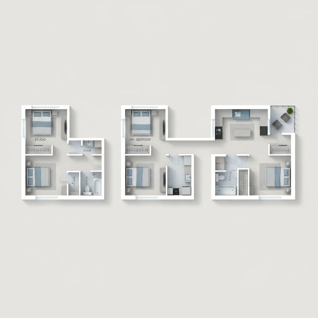 Overview diagram comparing studio one bedroom and two bedroom apartment layouts