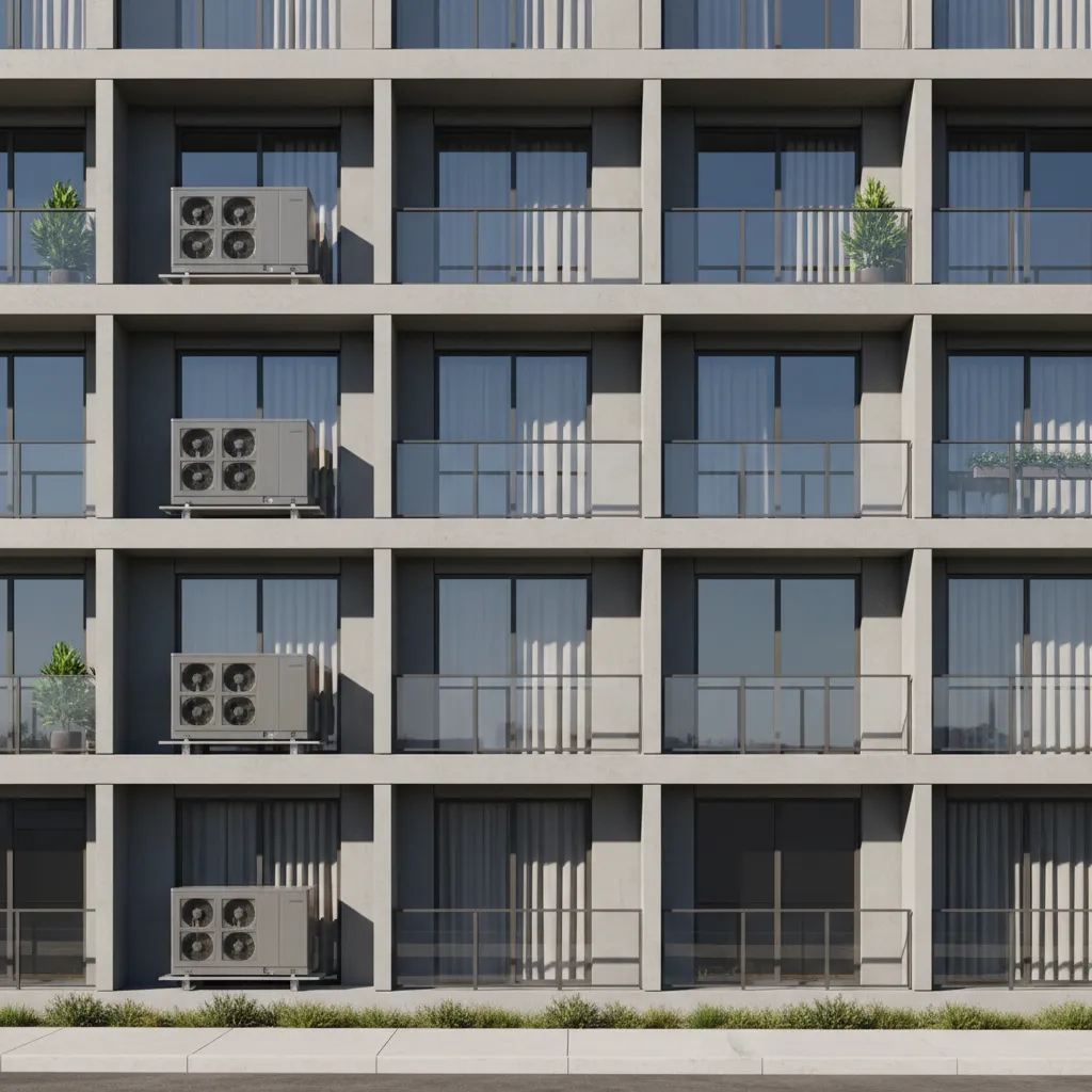 Apartment building facade with HVAC outdoor units installed on balconies