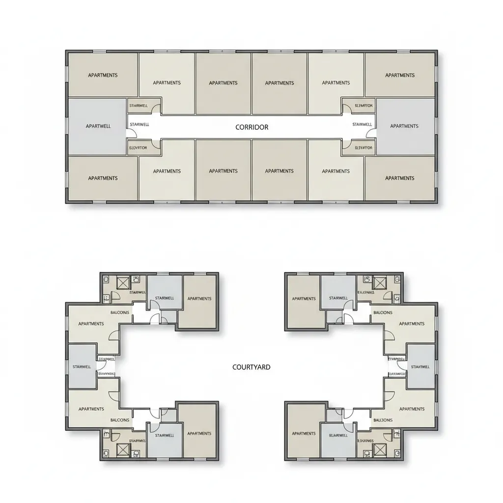 diagram showing double loaded corridor and courtyard apartment layouts