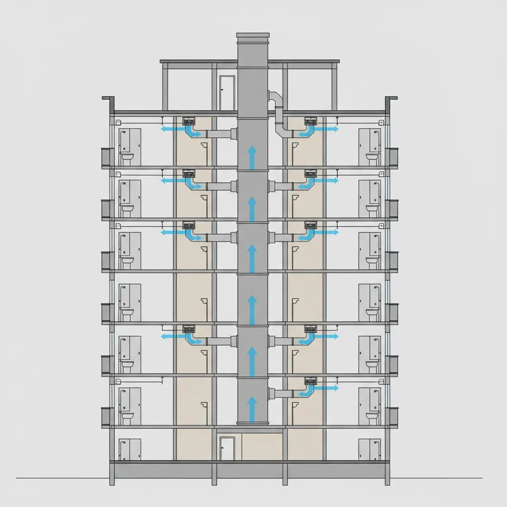 Apartment building vertical ventilation shaft connecting stacked bathrooms