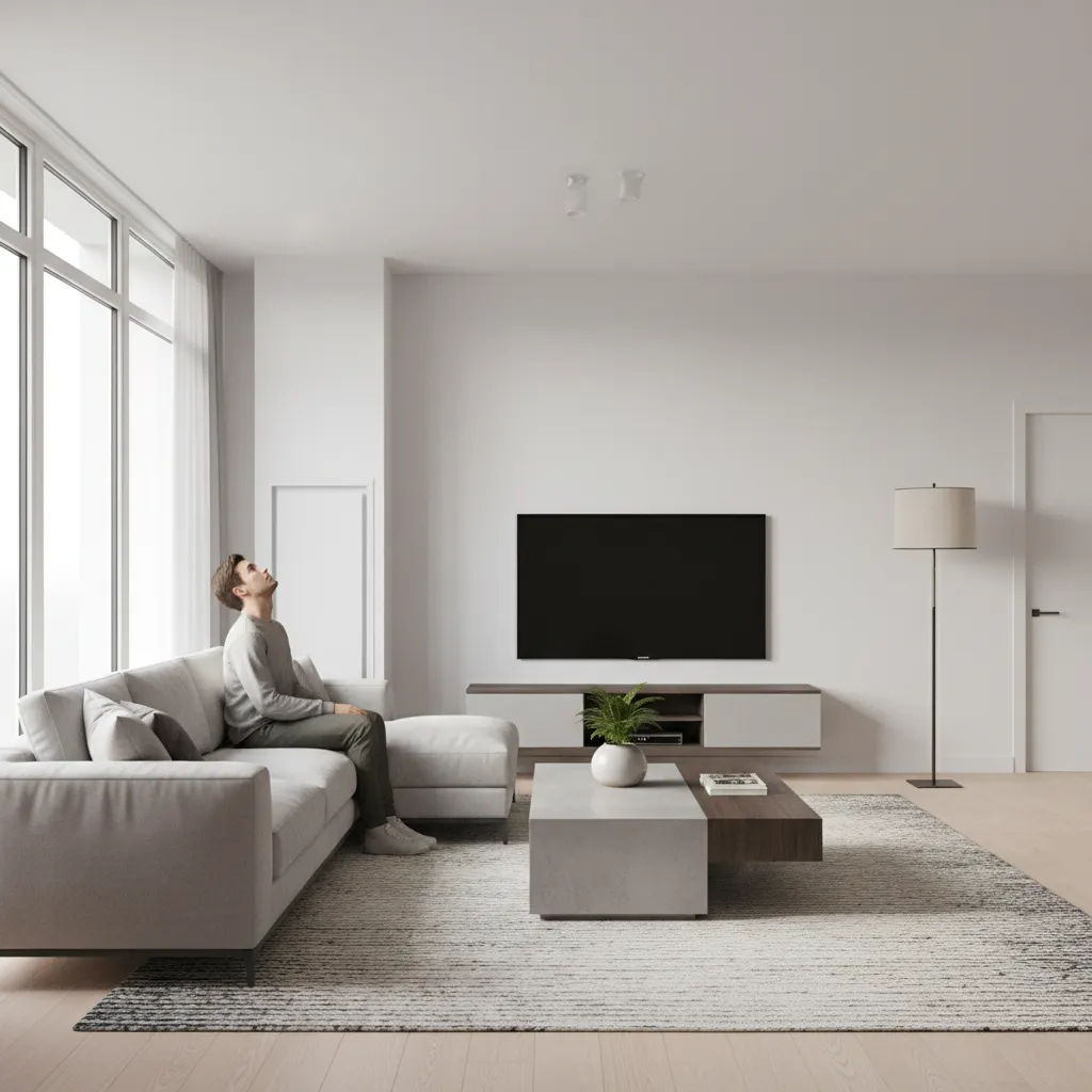 Tenant looking at ceiling while hearing upstairs footsteps in apartment living room