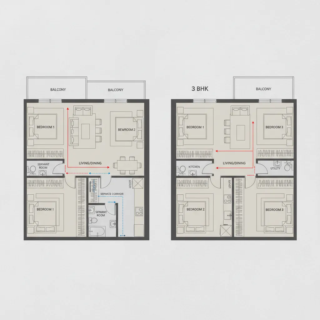 Apartment layout diagram showing circulation differences with servant room and without