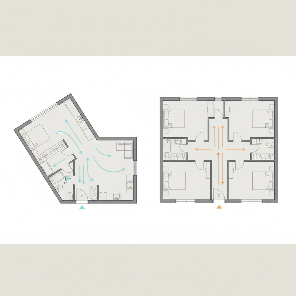 Comparison of diagonal studio apartment floor plan and square four bedroom floor plan with arrows