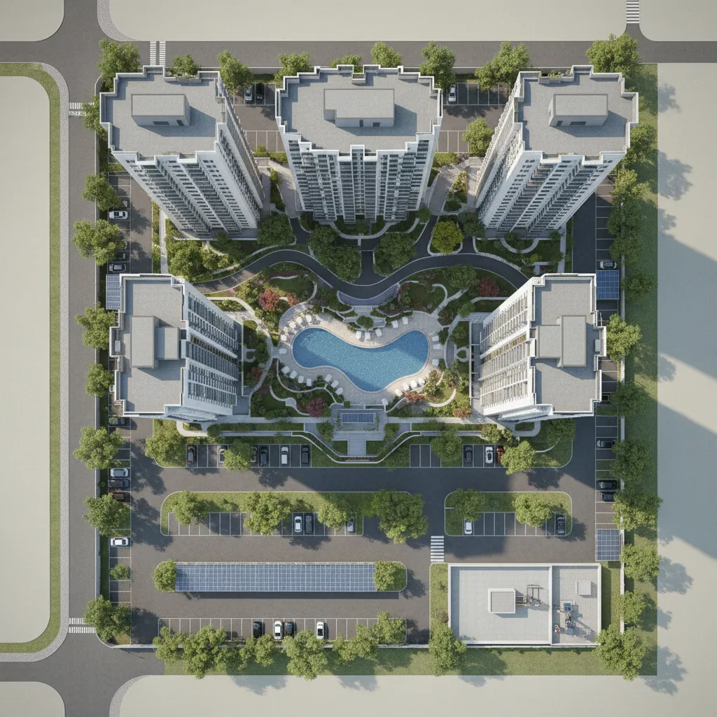 Interior design drawing of apartment complex with five tall buildings and a central swimming pool