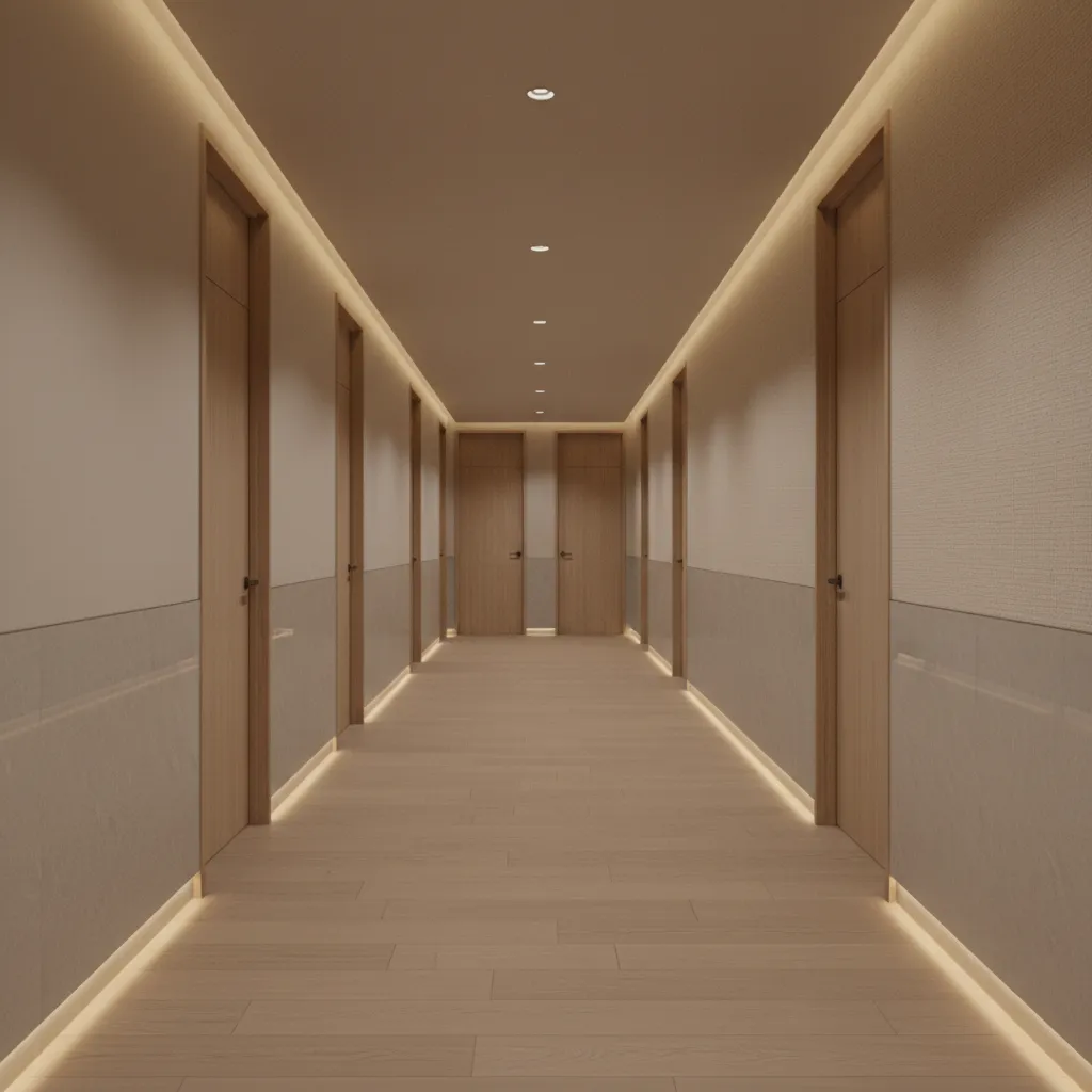 wide modern apartment hallway with lighting and minimal decor