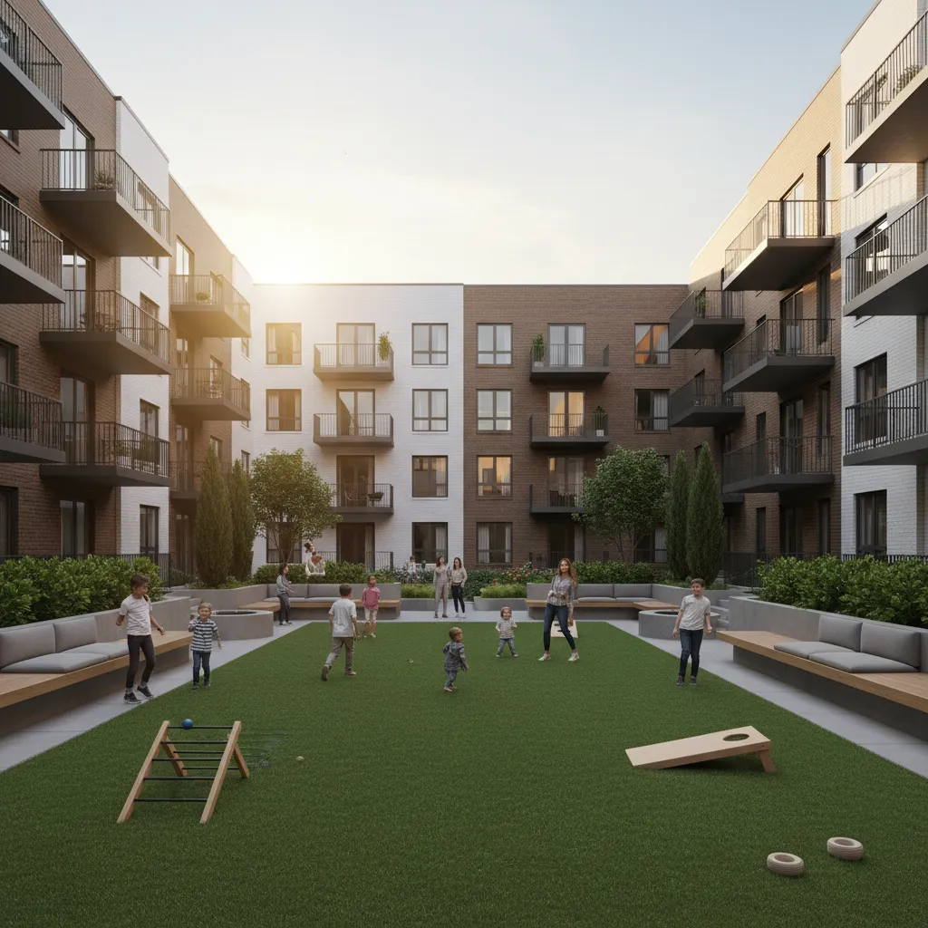 Families playing lawn games in a modern apartment courtyard with limited space