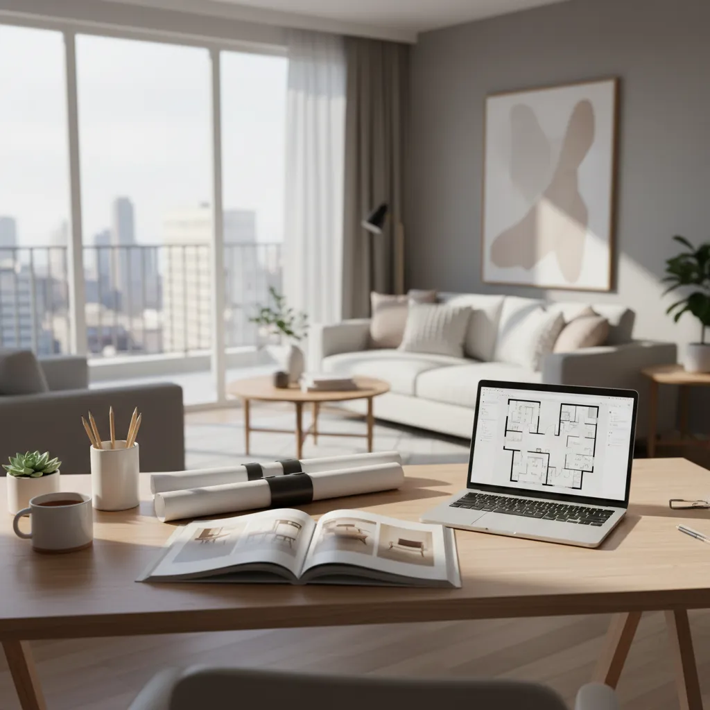 designer planning apartment decoration budget with furniture layout sketches