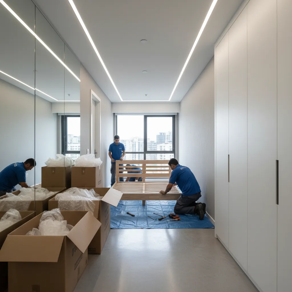 furniture delivery and assembly inside apartment hallway