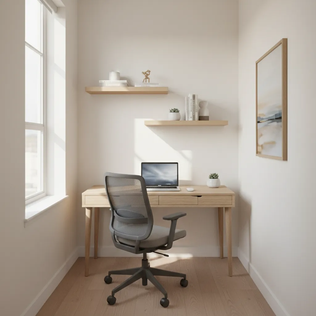 Small apartment den converted into a compact home office with desk and shelving