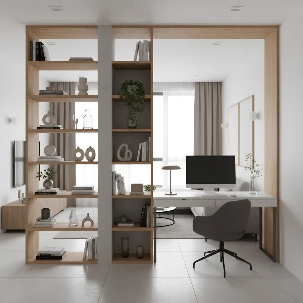 open shelving divider creating privacy for apartment den