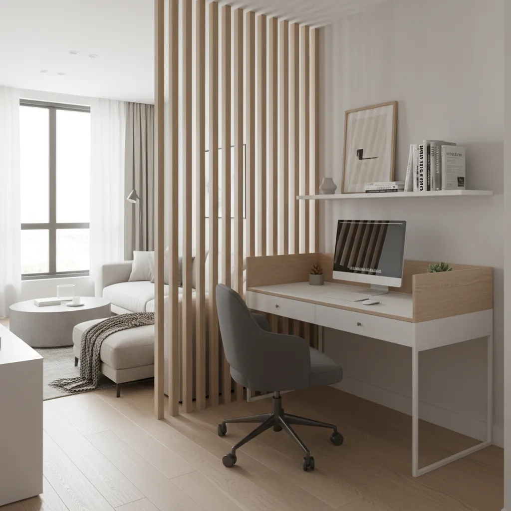 small apartment den used as workspace beside living room