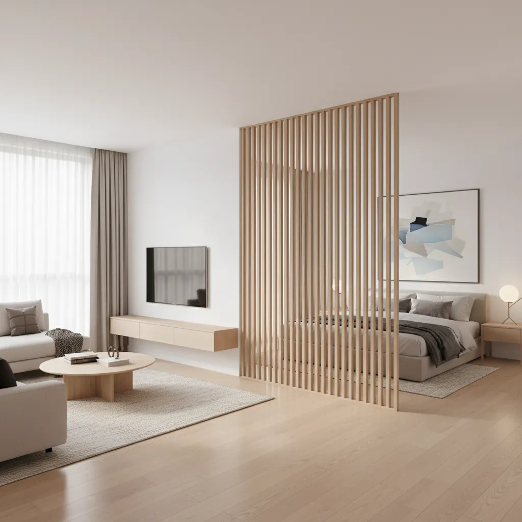 Apartment interior showing divider placement separating living and sleeping areas