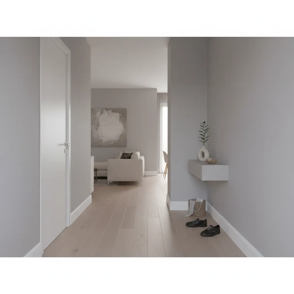 Apartment entry hallway with bathroom door positioned near the entrance