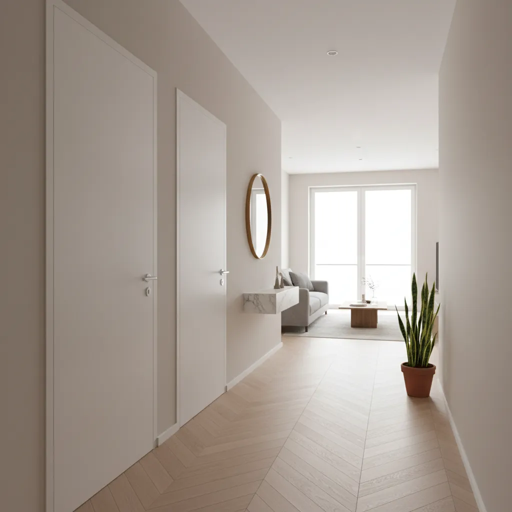 Small apartment entrance with bathroom door beside main entry