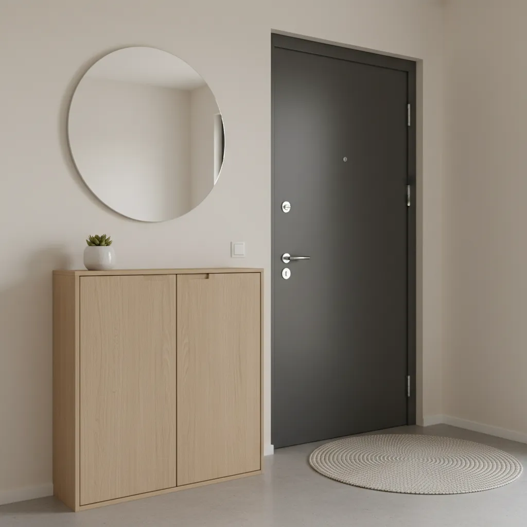 khu vực cửa ra vào căn hộ với tủ giày gọn gàng