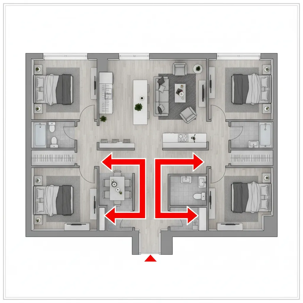 Apartment floor plan highlighting evacuation route through hallway