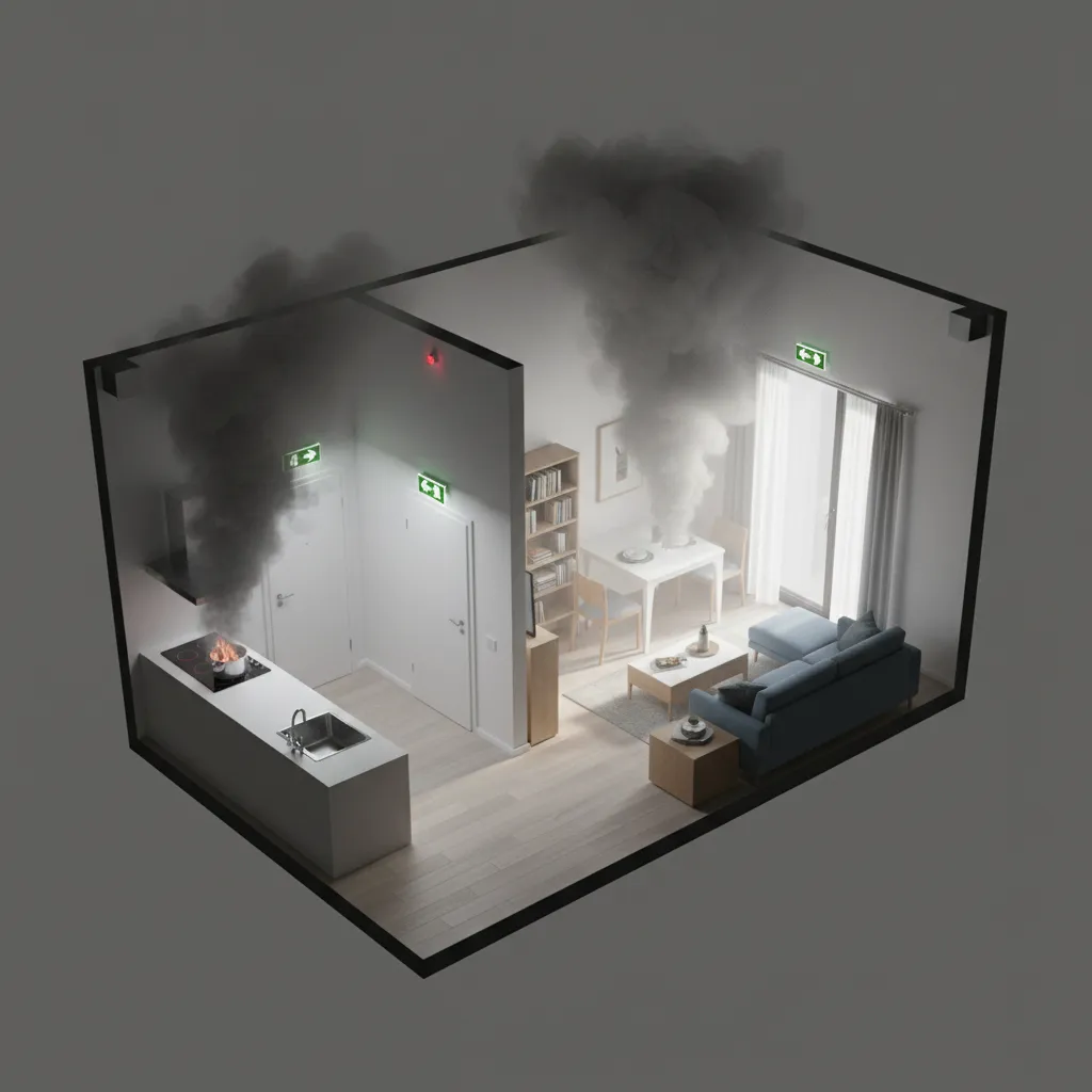 Visualization of smoke spreading through a compact apartment layout
