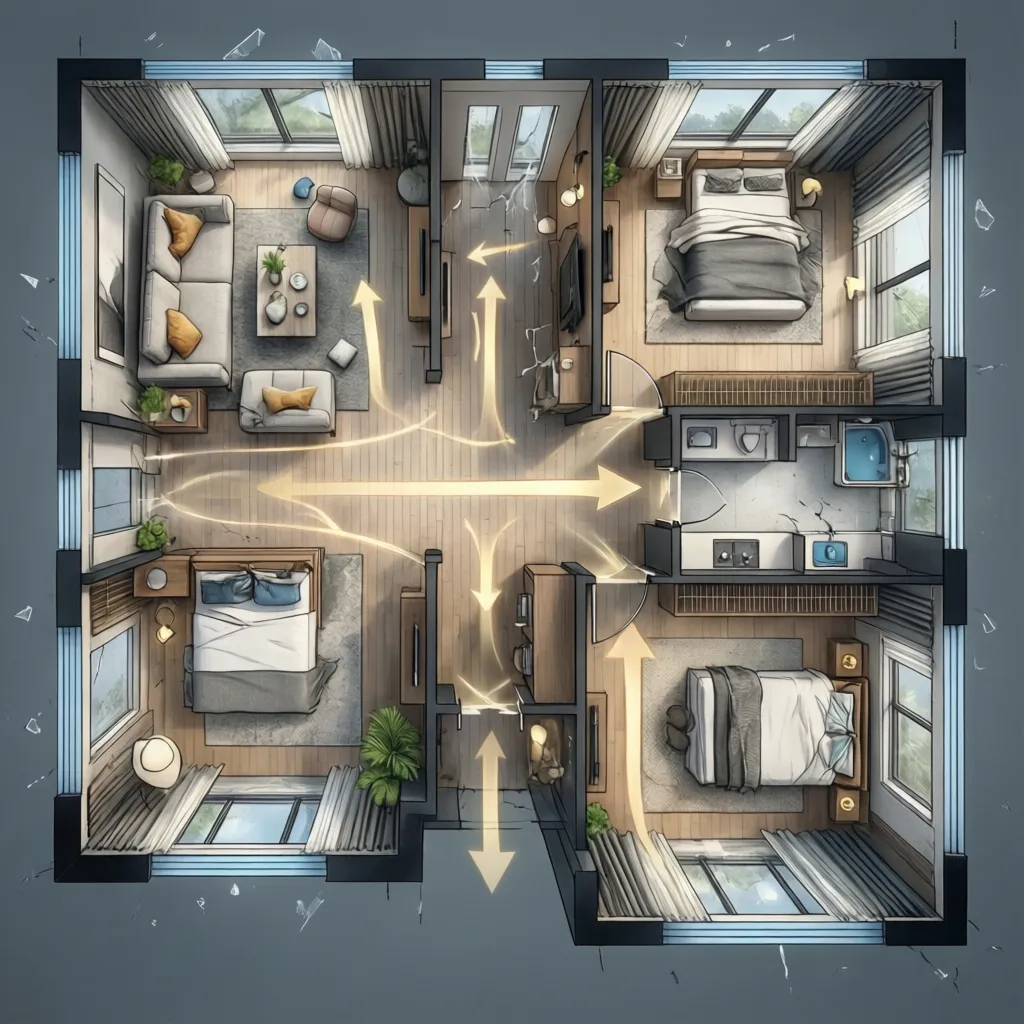 apartment floor plan layout illustrating airflow and cooling distribution