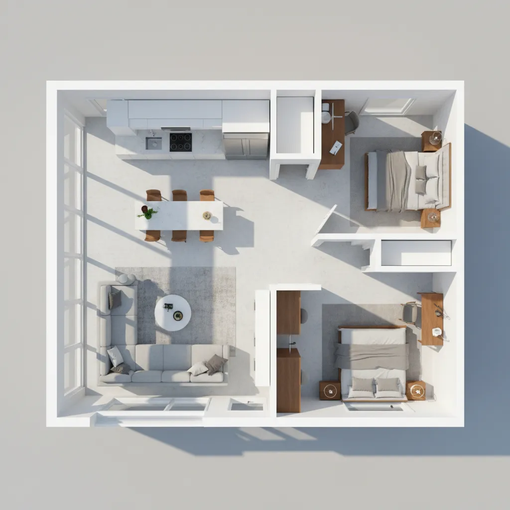 Plano 3D de un apartamento con distribución de muebles