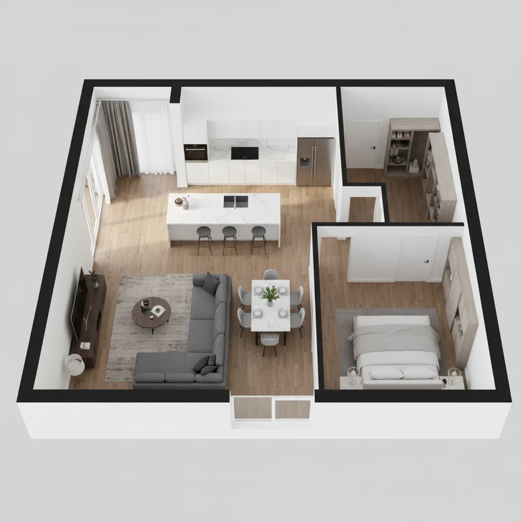 3D apartment layout showing living room kitchen and bedroom in a floor plan visualization