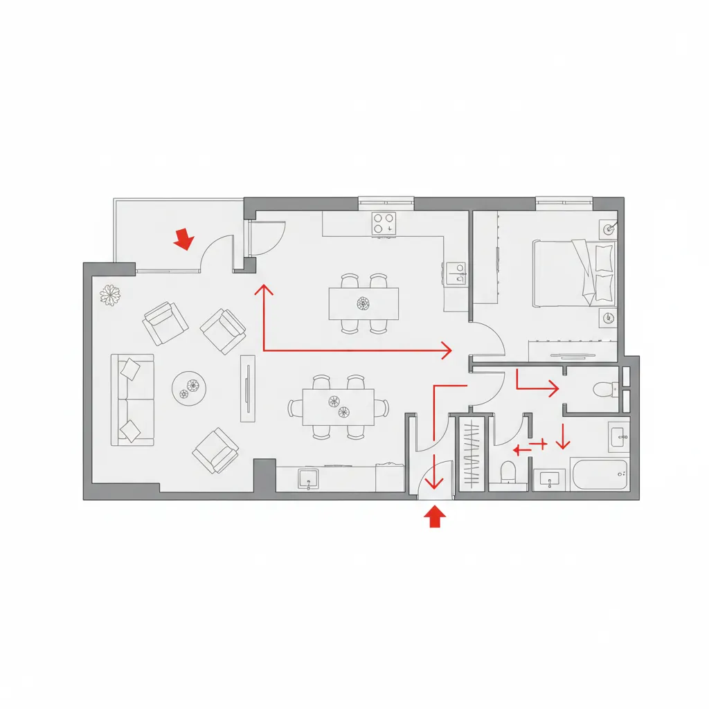 Apartment floor plan diagram highlighting circulation paths