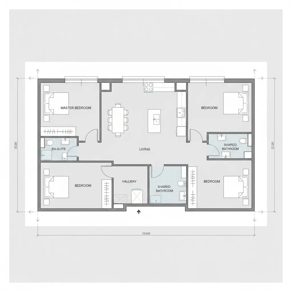Apartment floor plan diagram showing efficient circulation paths