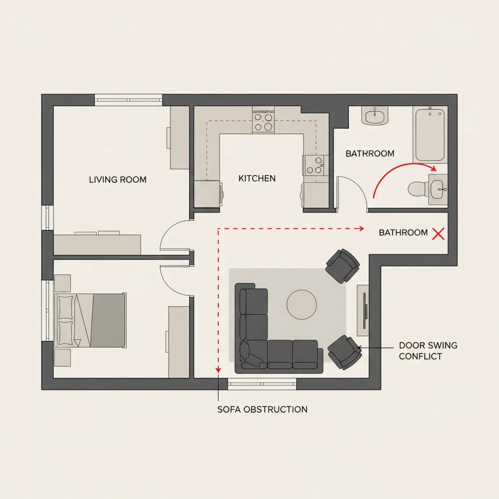 apartment floor plan diagram highlighting furniture placement mistakes