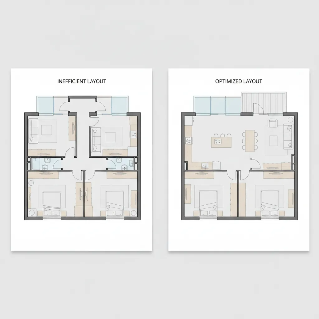 Comparison showing inefficient and optimized room layout design for a house with improved furniture placement