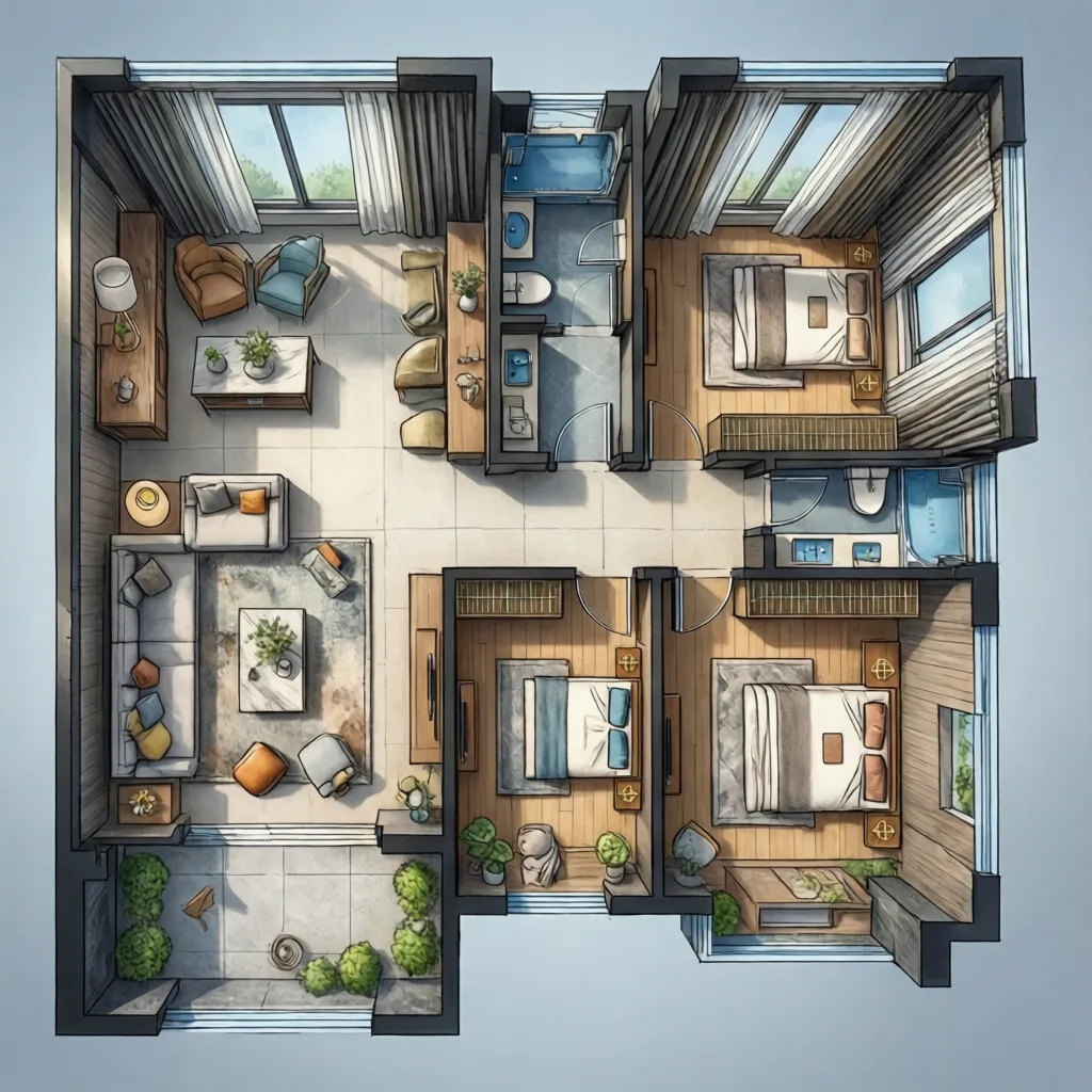 architectural apartment floor plan highlighting den area