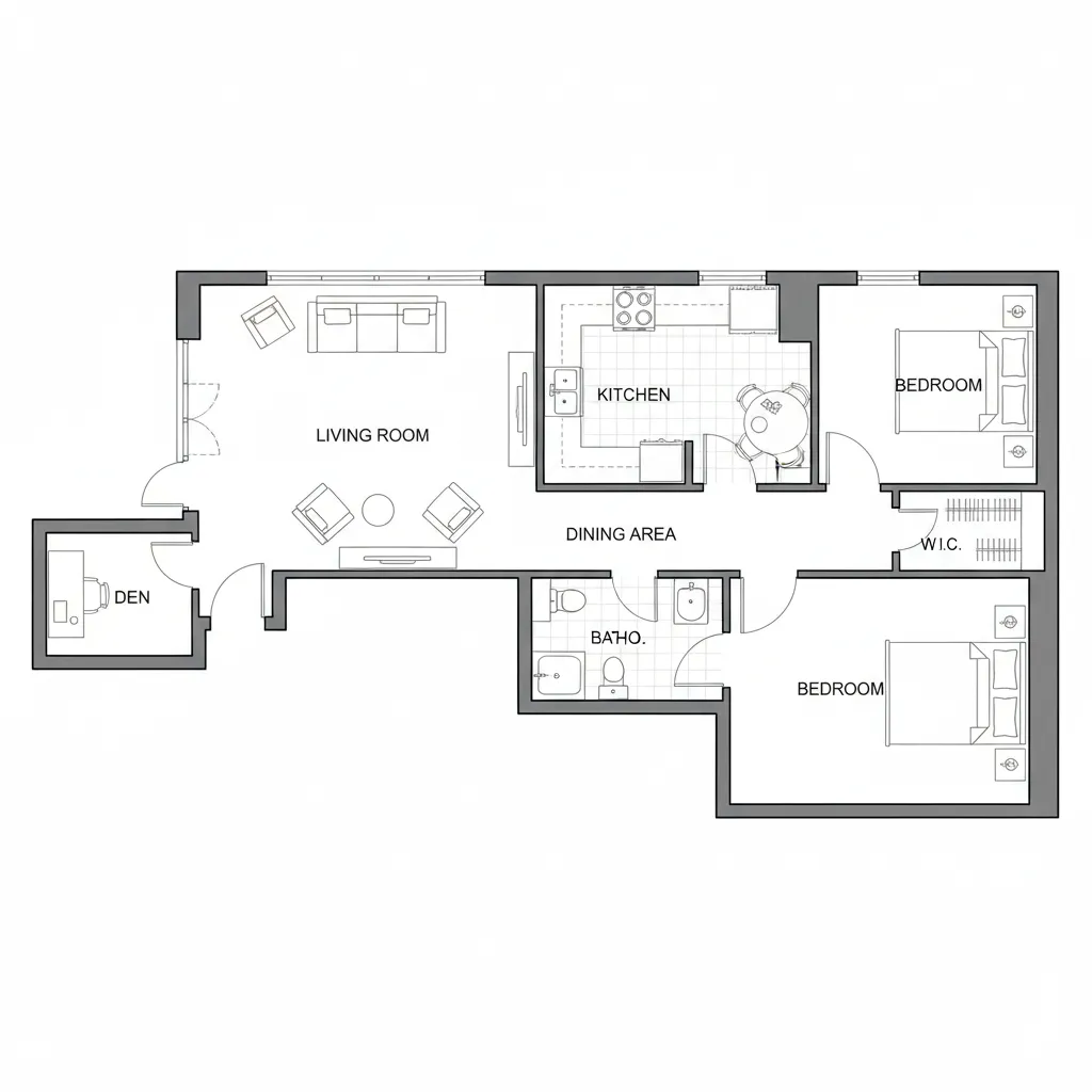 Architectural floor plan showing one bedroom apartment with den near living room