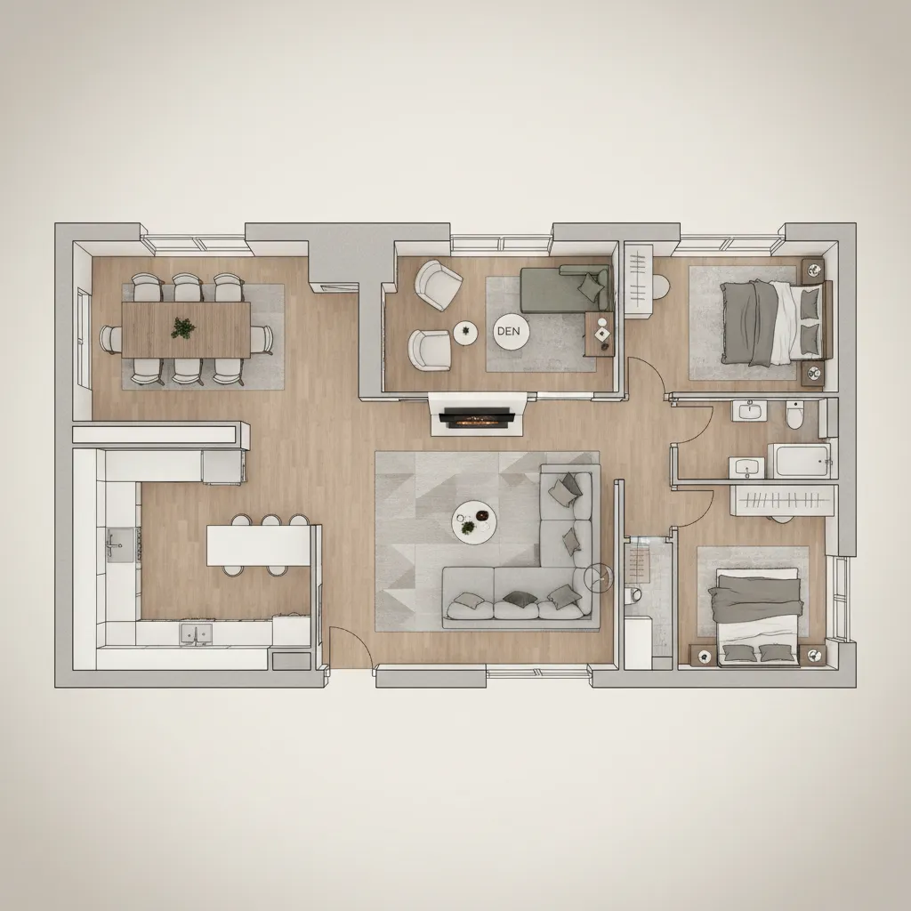 Modern apartment floor plan highlighting living room and den layout