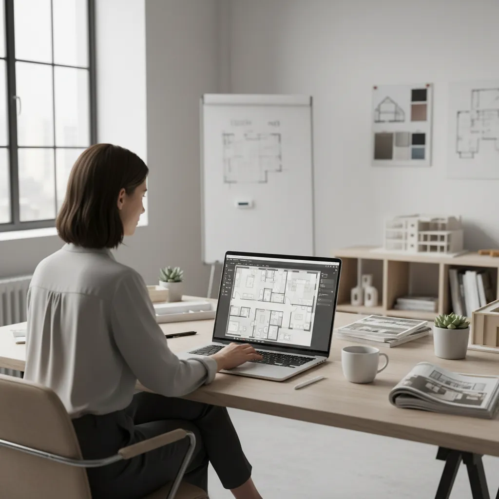 designer creating apartment floor plan on laptop with layout software