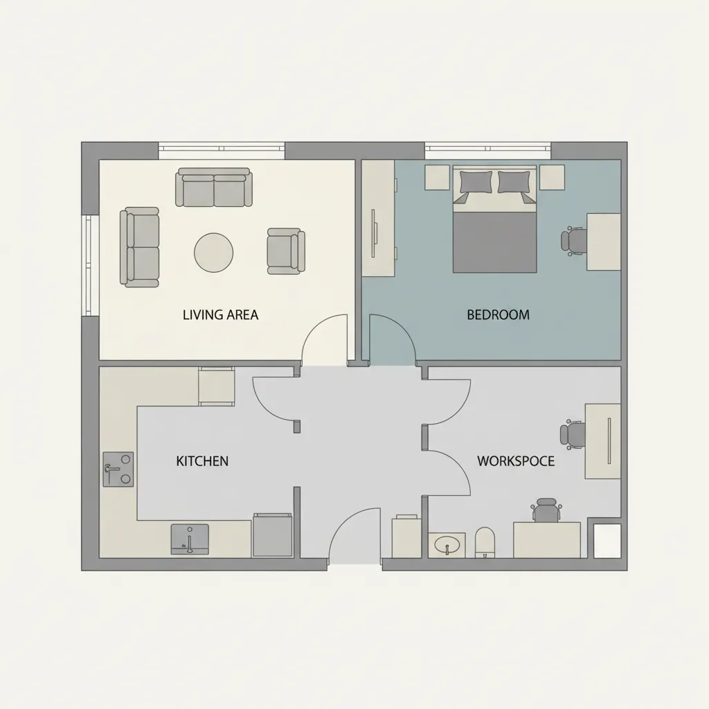 Small apartment floor plan with furniture placement and labeled zones