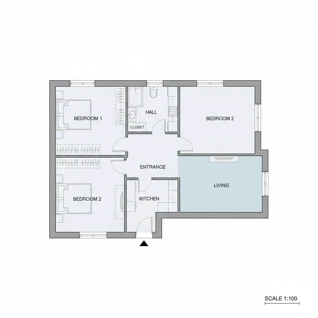 Apartment floor plan showing hall positioned between entrance and bedrooms