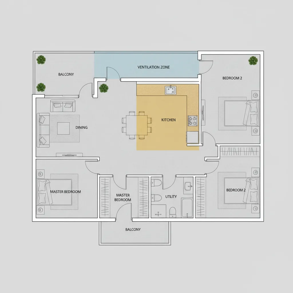 Apartment floor plan highlighting kitchen direction and ventilation considerations