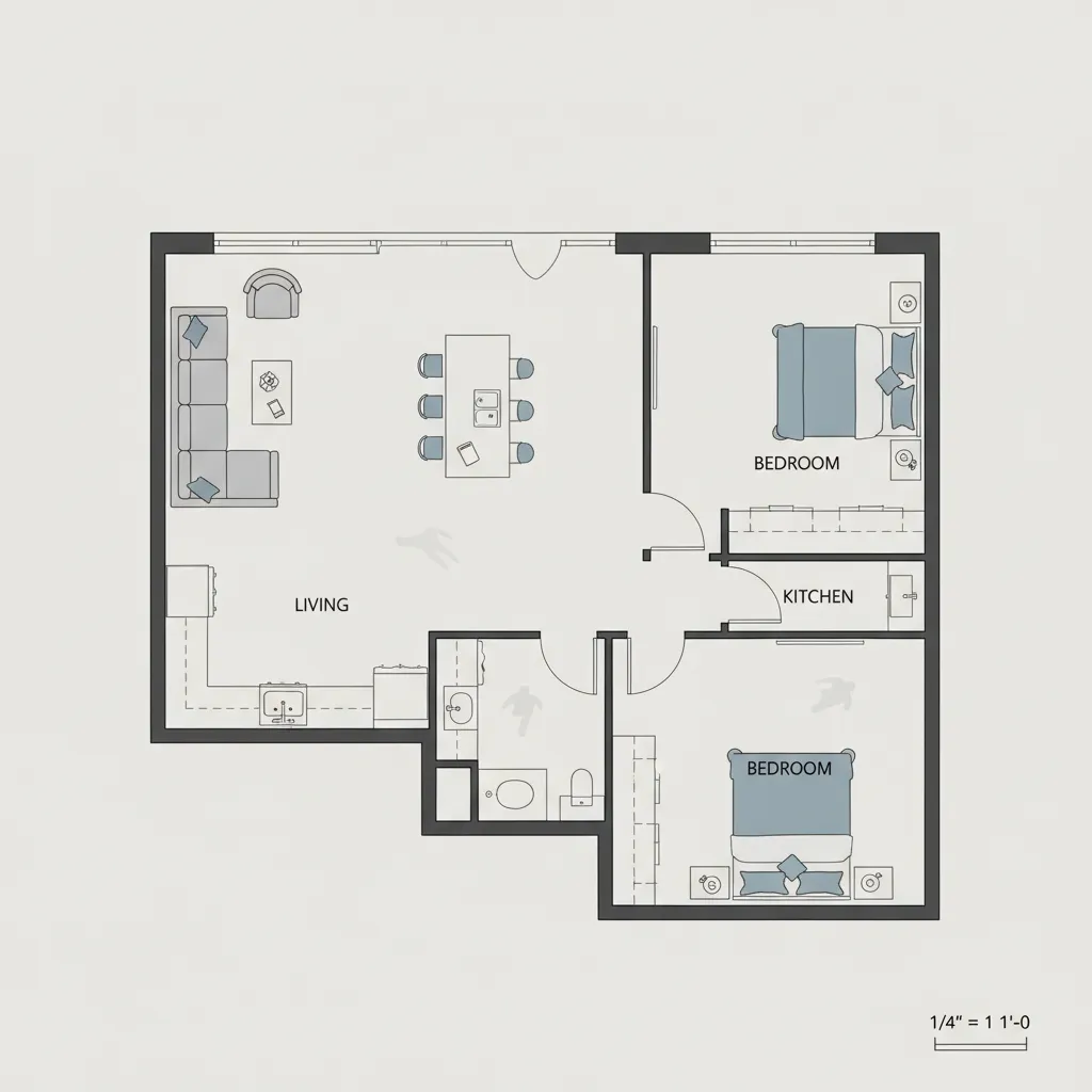 Professional apartment floor plan layout with furniture placement