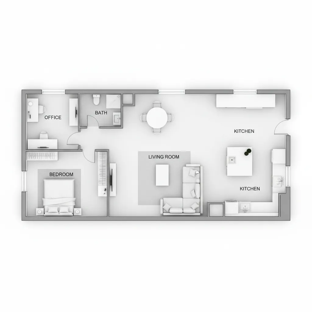 small apartment floor plan layout showing furniture and walking circulation paths