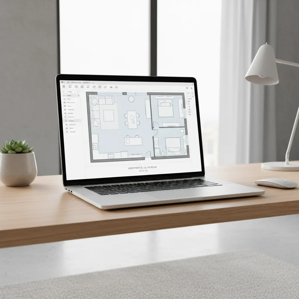 Laptop showing apartment floor plan tool with simple room layout design