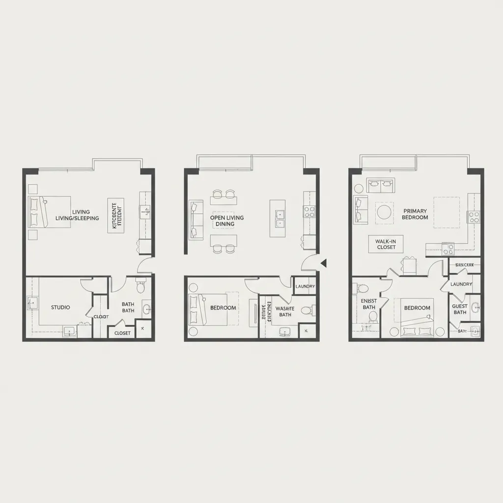 Diagram showing different apartment floor plan types including studio one bedroom and two bedroom layouts
