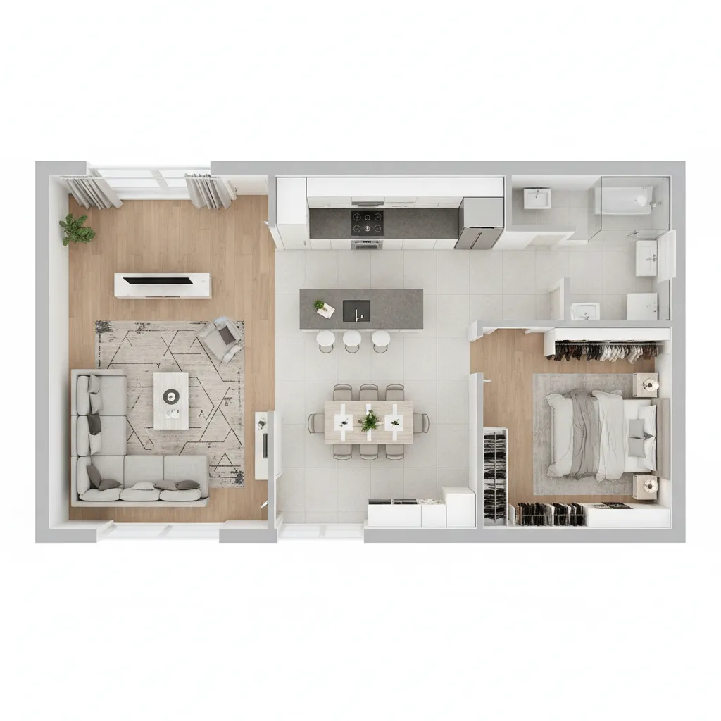 3D apartment floor plan showing furniture placement and room zones