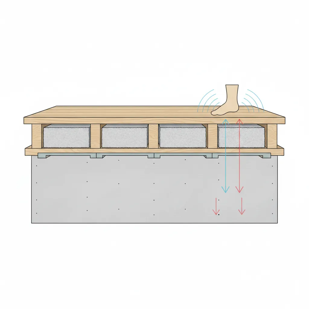 Cutaway diagram of apartment floor structure showing how footsteps travel through joists