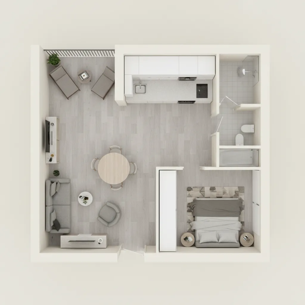 3D apartment layout planning showing furniture placement in a one bedroom unit