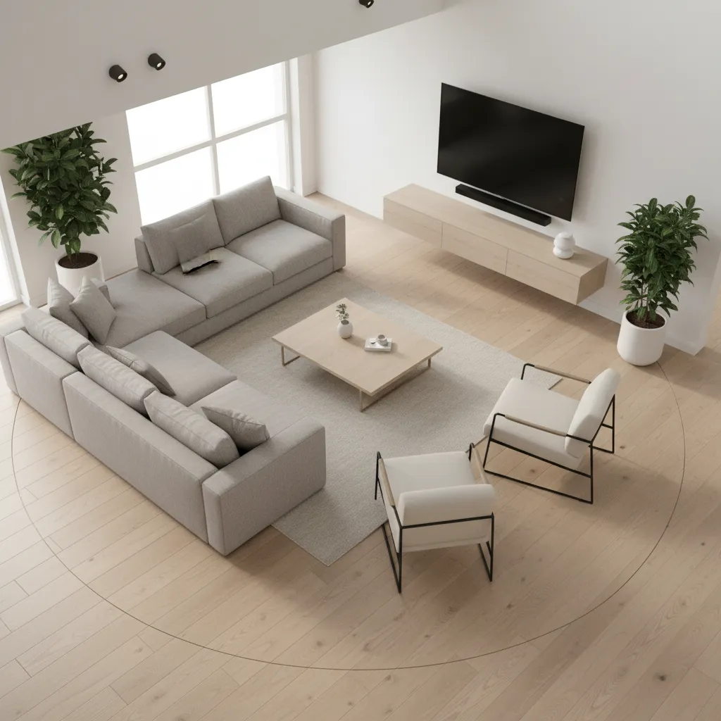 Top view style apartment living room furniture layout showing clear circulation space