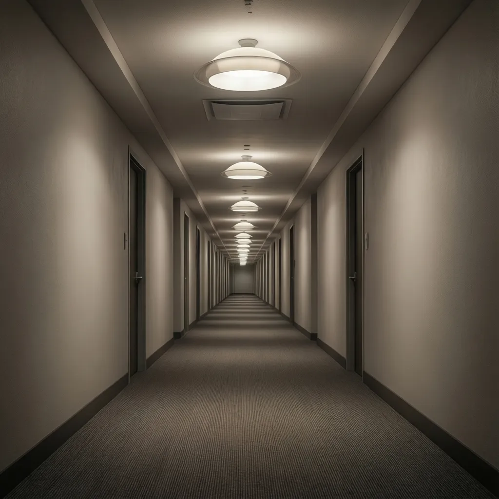 Apartment hallway ceiling with evenly spaced dome light fixtures
